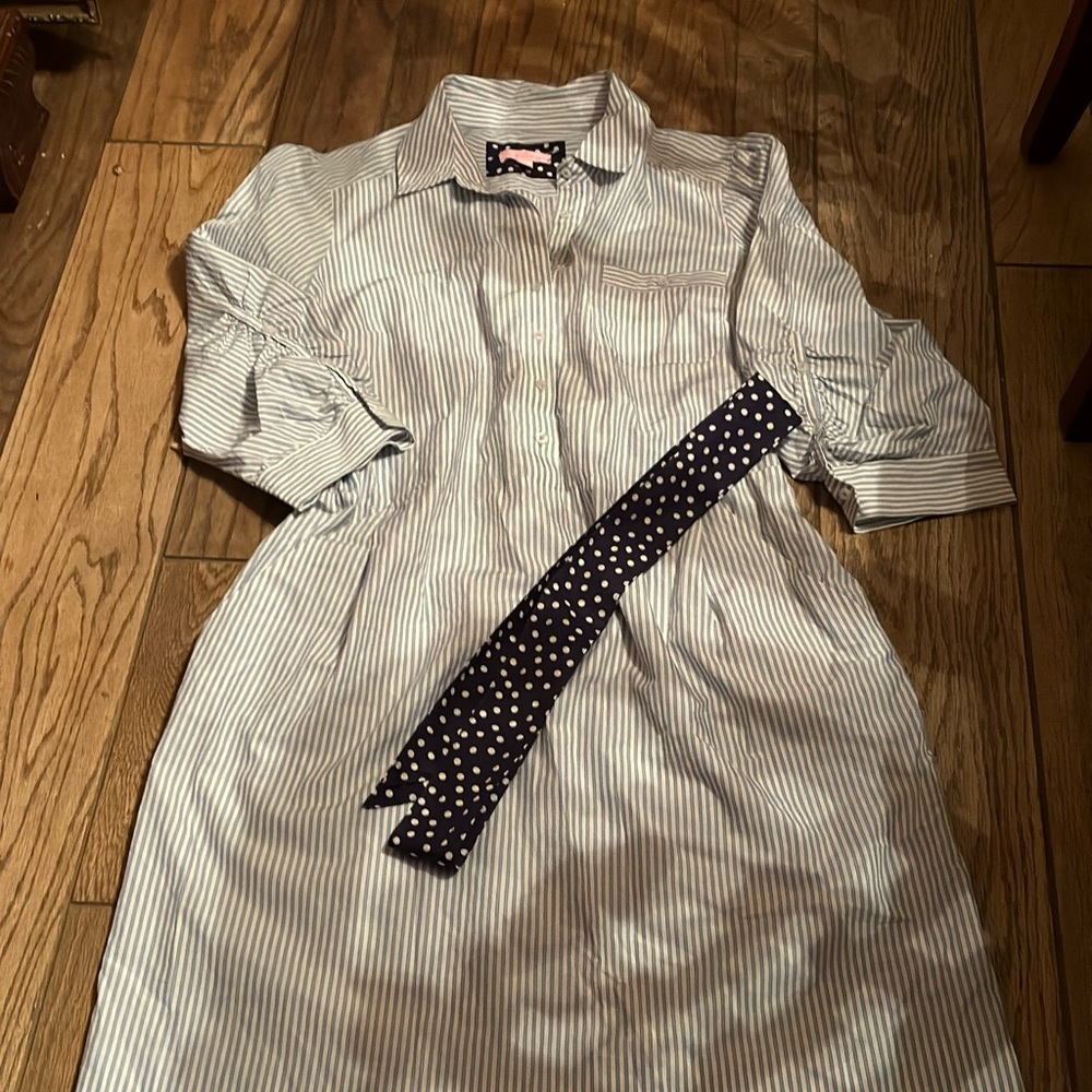 Lilly Pulitzer Blue and White Striped Button Down Shirt Dress w/Belt